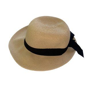 Womens Cream Lightweight Prairie Paper Sun Hat With Black Band Bow Size 57cm